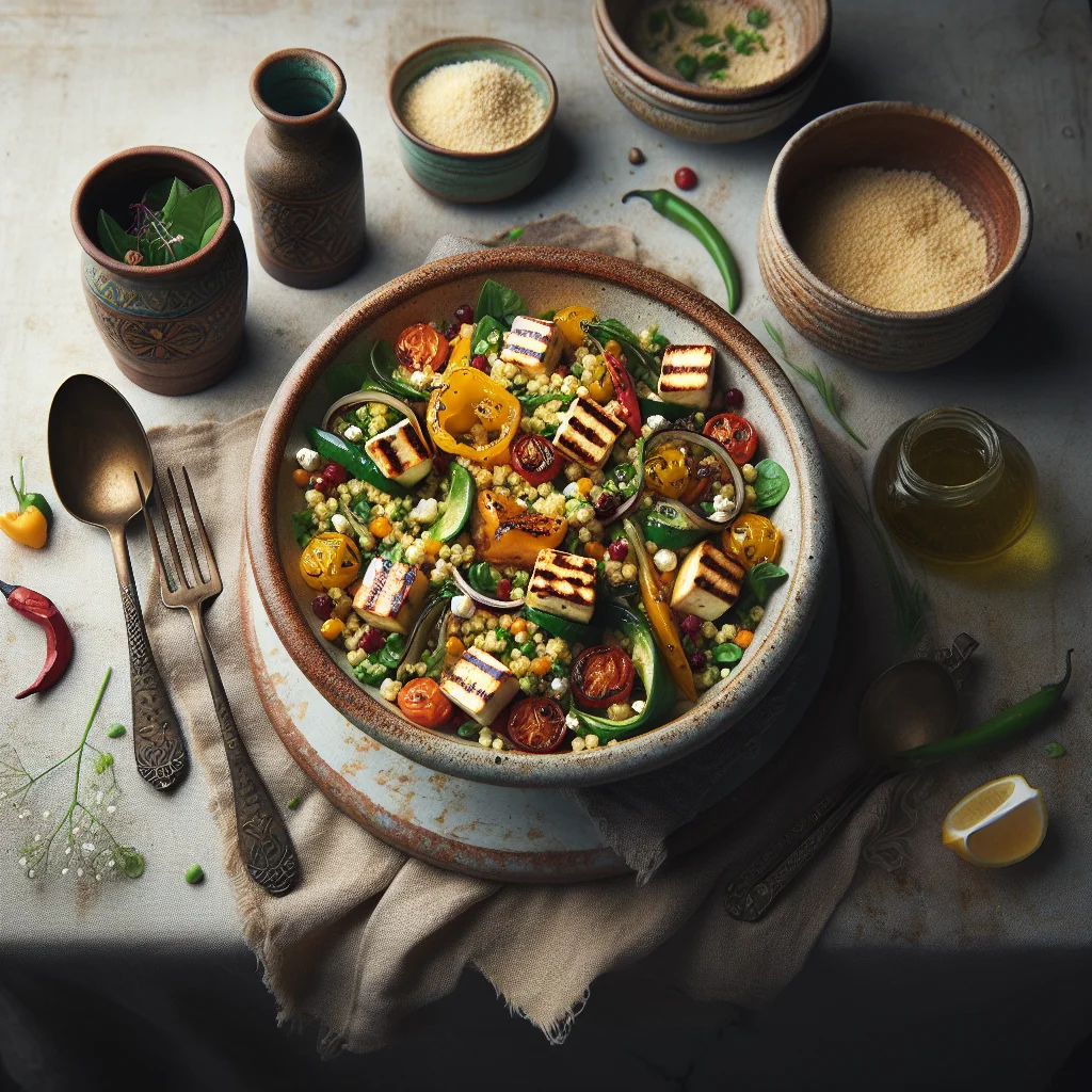 Salada de Couscous Colorida com Halloumi Grelhado