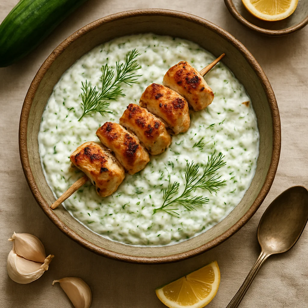 Hausgemachte Tzatziki mit Gegrilltem Hähnchenspies