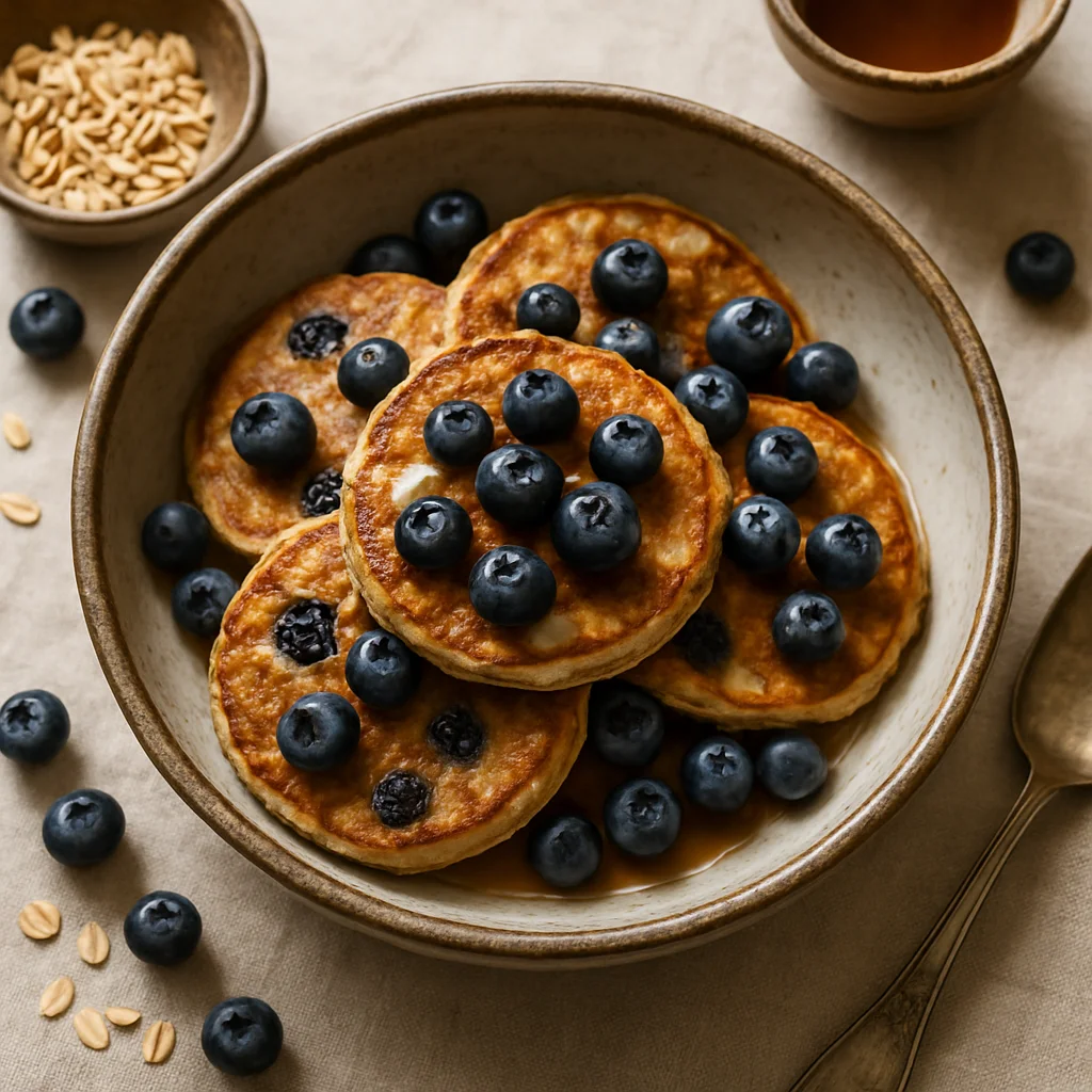 Lecker Haferpfannkuchen mit Heidelbeeren und Ahornsirup