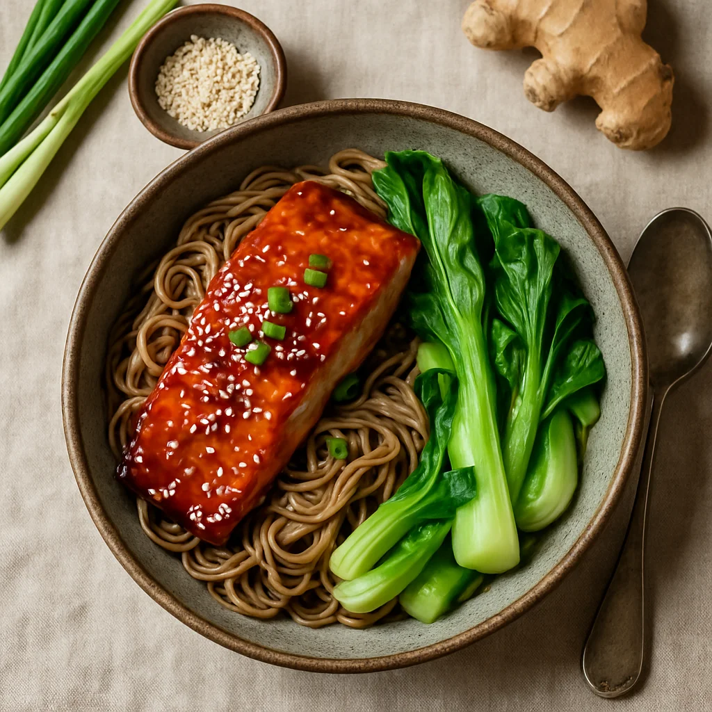 Especial do Chef: Salmão Teriyaki com Macarrão Soba e Paksoi
