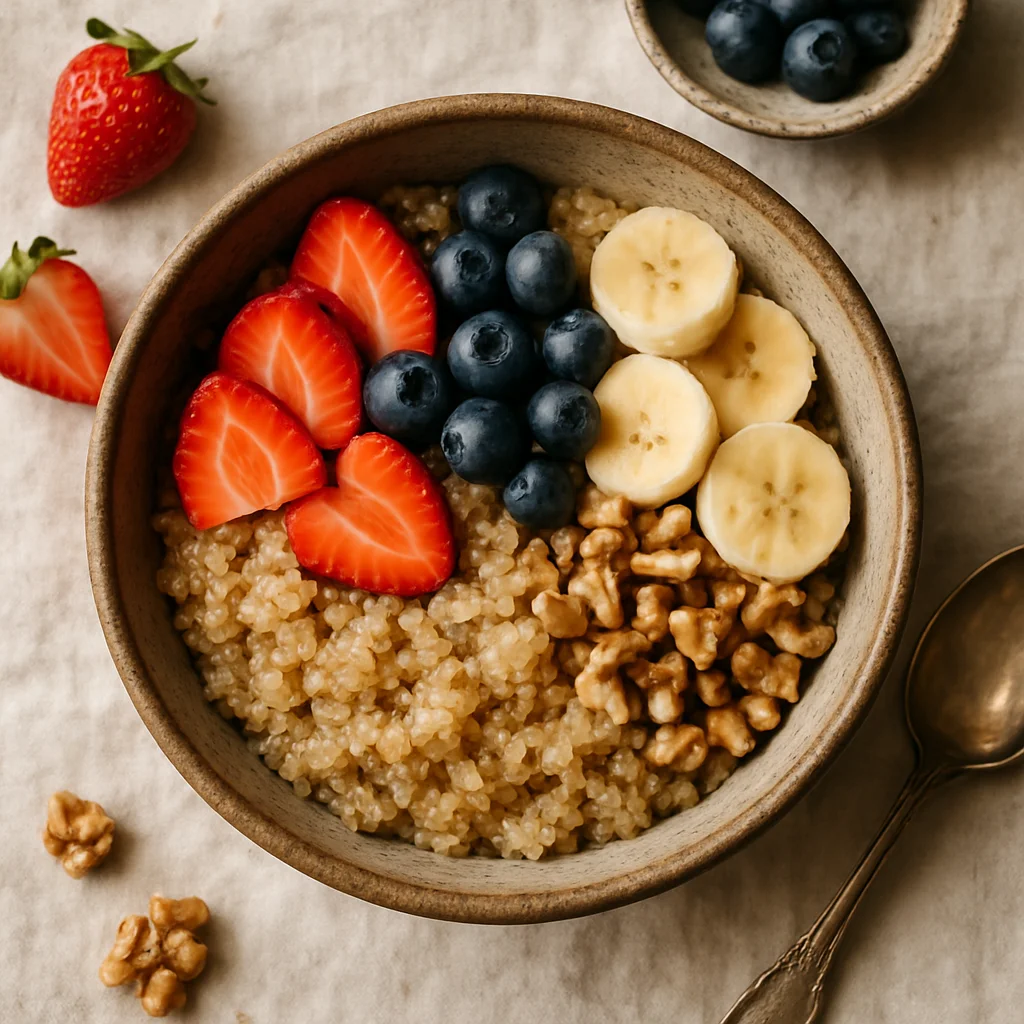 Quinoa breakfast bowl with fresh fruit and nuts