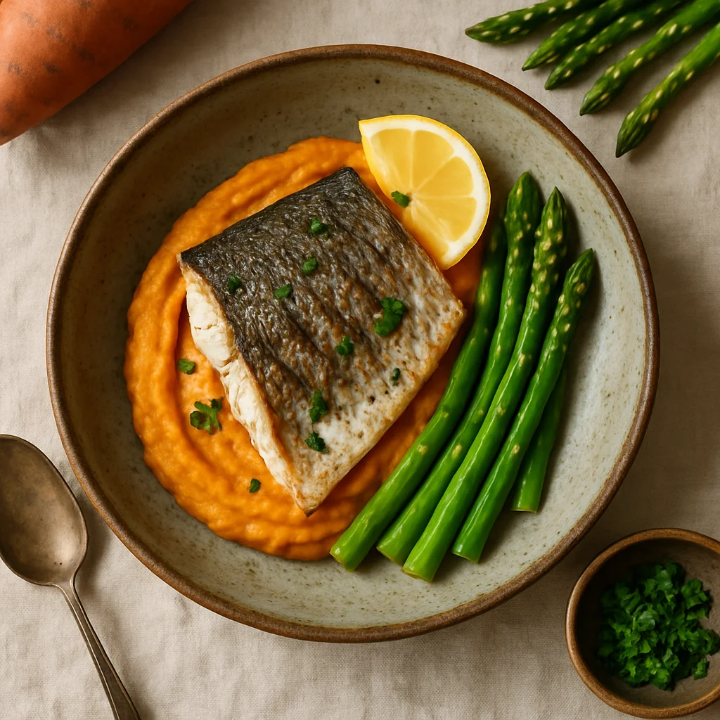 Chef's Special: Gegrilde Zeebaars met Zoete Aardappel Puree en Groene Asperges