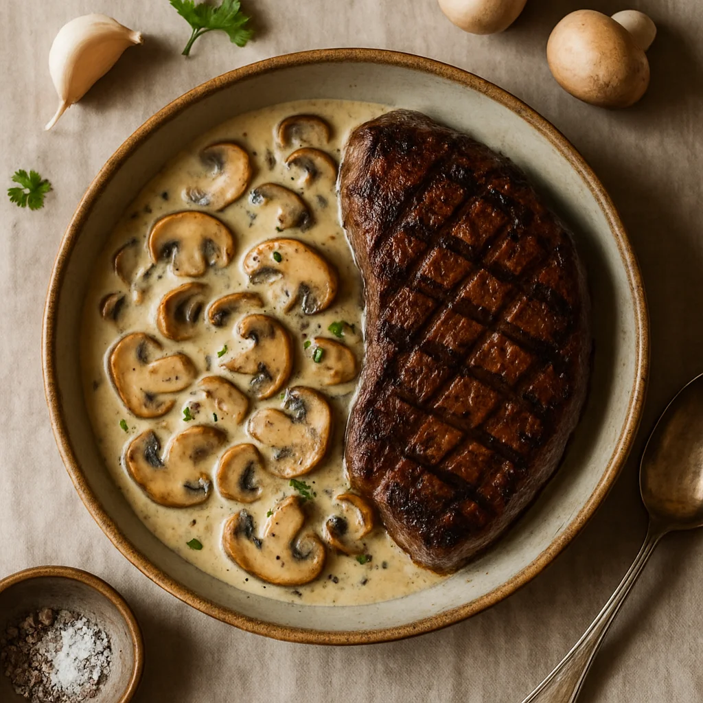 Duftige Knoblauch Champignon-Sauce mit Gegrilltem Rindersteak