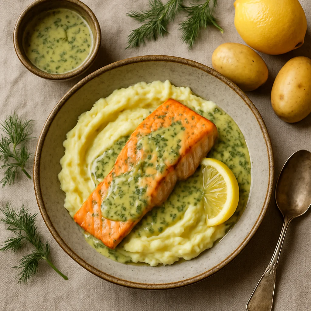 Zalmfilet met aardappelpuree en zelfgemaakte dille-mosterdsaus
