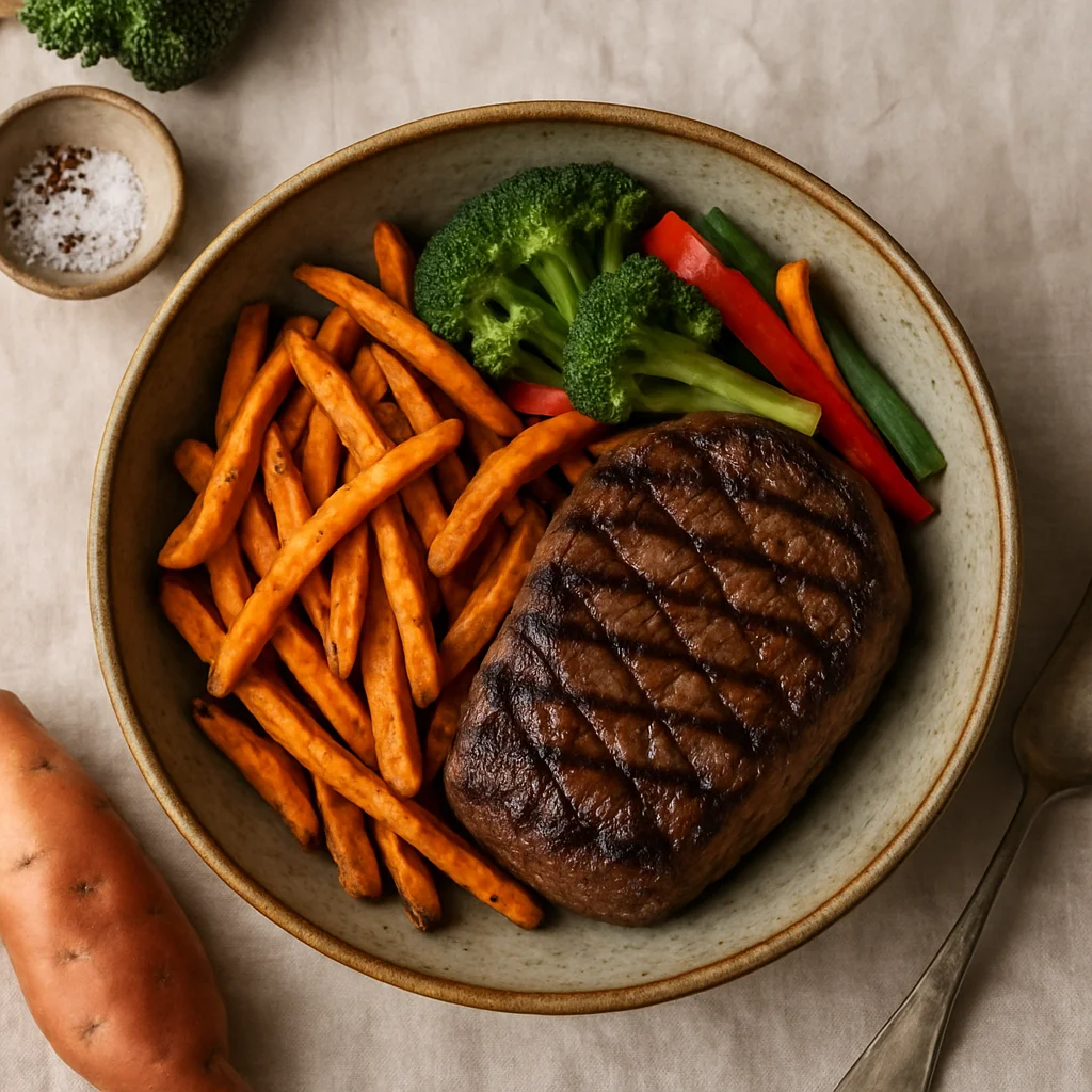 Chef's Special: Gegrilde Biefstuk met Zoete Aardappelfrietjes en Geblancheerde Groenten