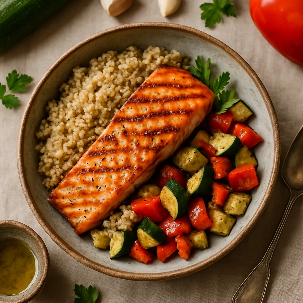 Gegrilde Zalm met Quinoa en Geroosterde Groente