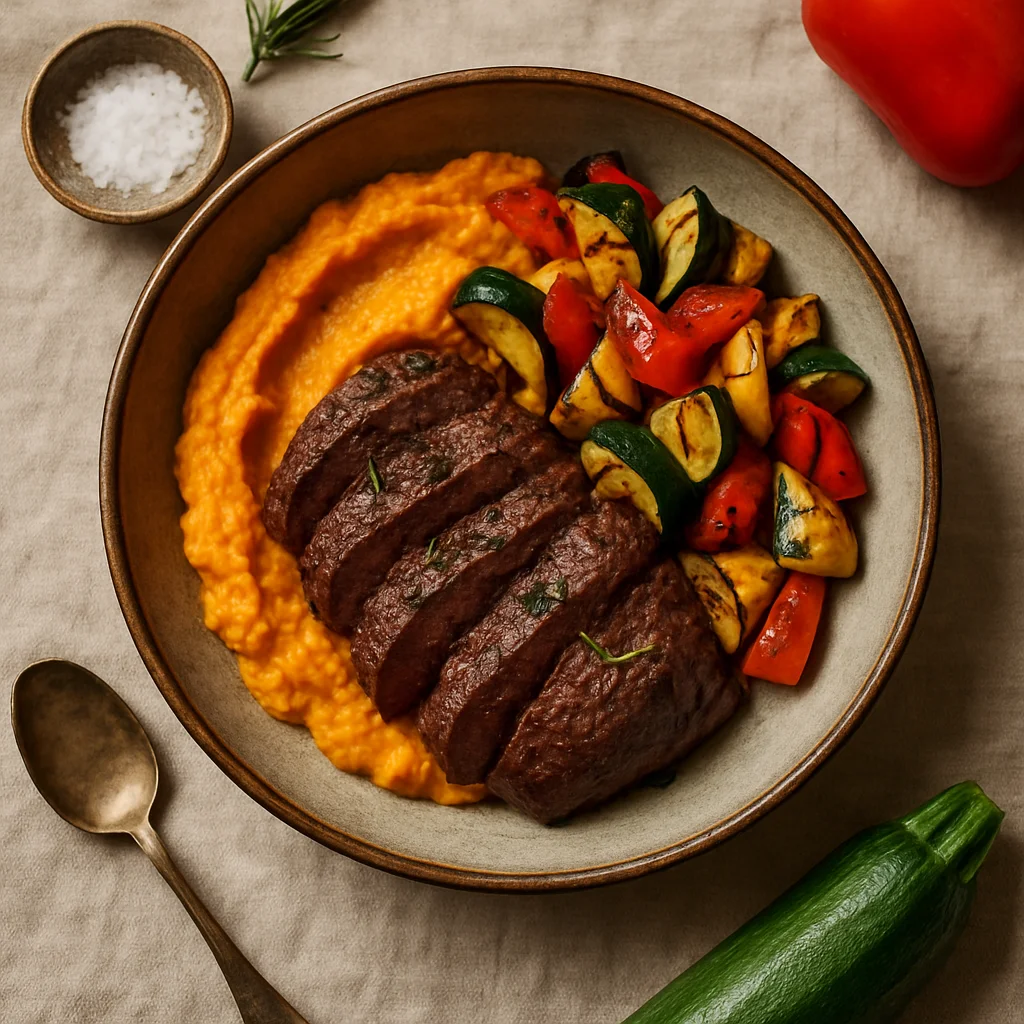 Chef's Special: Gemarineerde Biefstuk met Gegrilde Groenten en Zoete Aardappelpuree