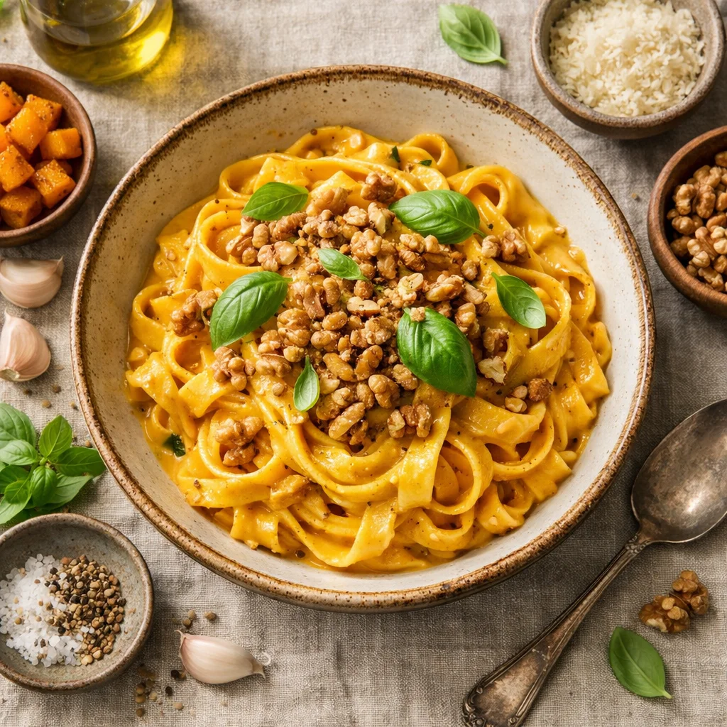 Frische Tagliatelle mit Cremiger Kürbelsauce und Gerösteten Walnüssen
