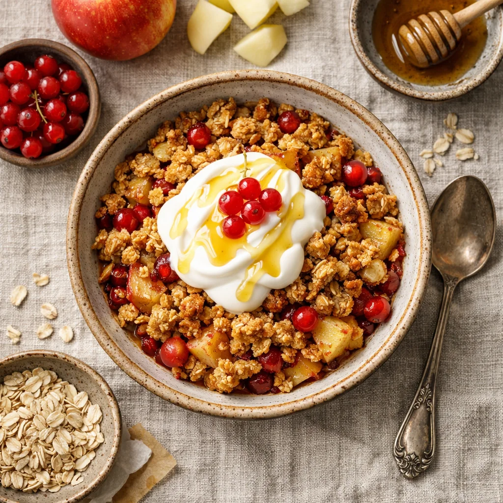 Fruitige Havermoutcrumble met Yoghurt en Honing