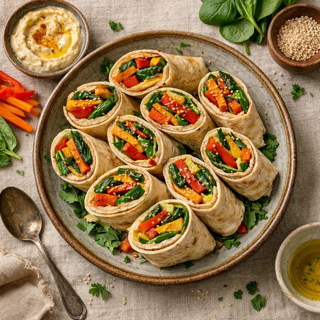 Kleurrijke Veggie Wraps met Hummus en Gegrilde Groenten