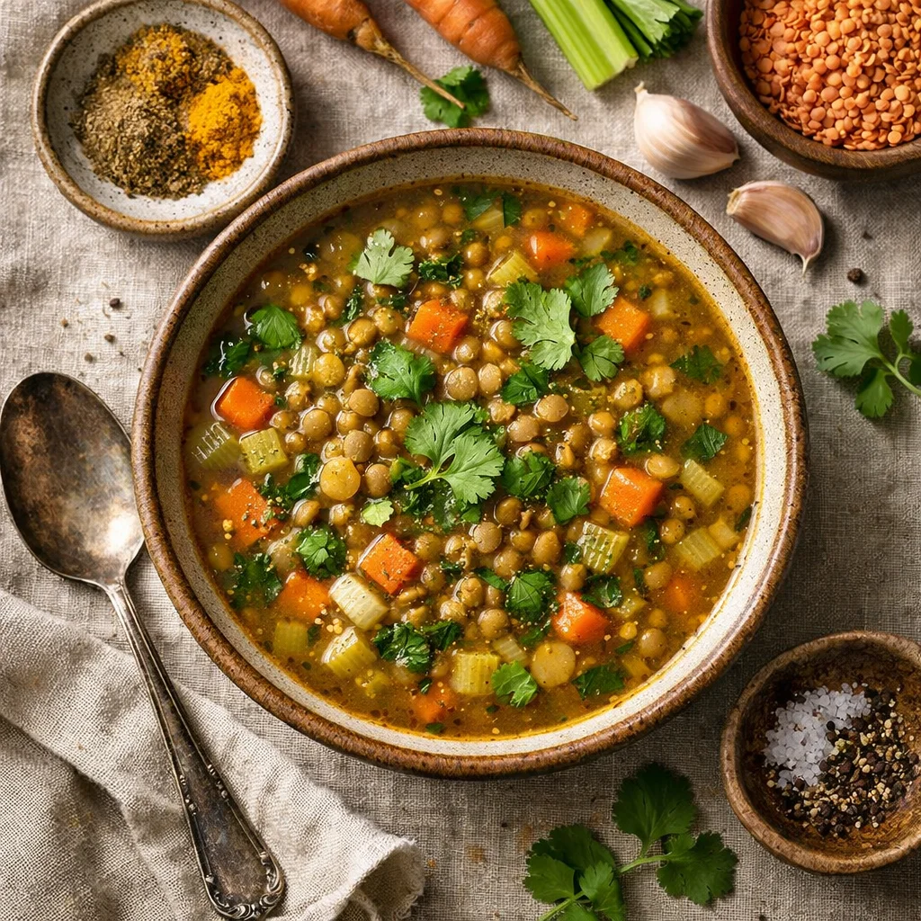 Gesunde Linsensuppe mit frischem Gemüse