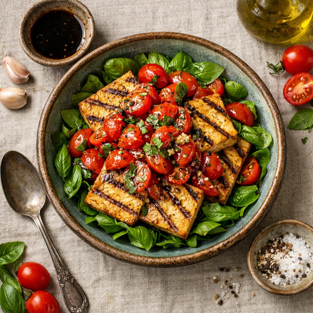 Gegrilde Tofu met Gemarineerde Tomaten en Verse Basilicum