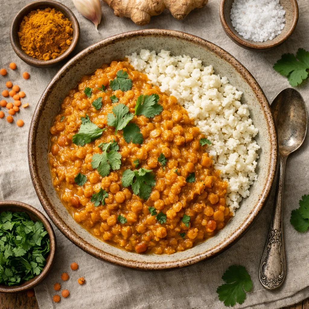 Voedzame Linzen Curry met Bloemkoolrijst