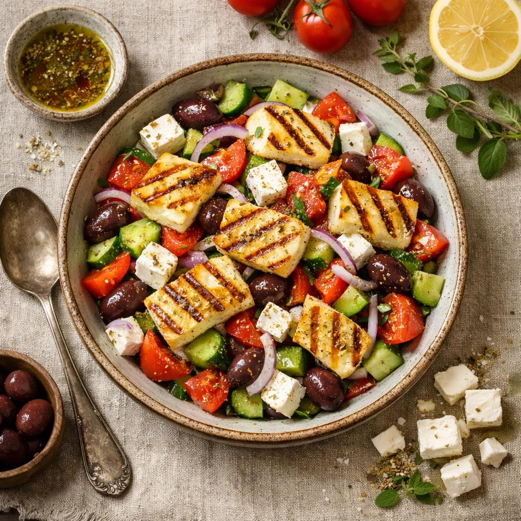 Zomerse Griekse Salade met Gegrilde Halloumi