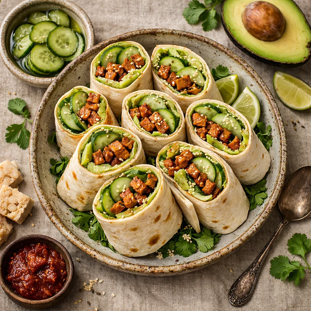 Pittige Tempeh Wraps met Avocado en Zoetzure Komkommer
