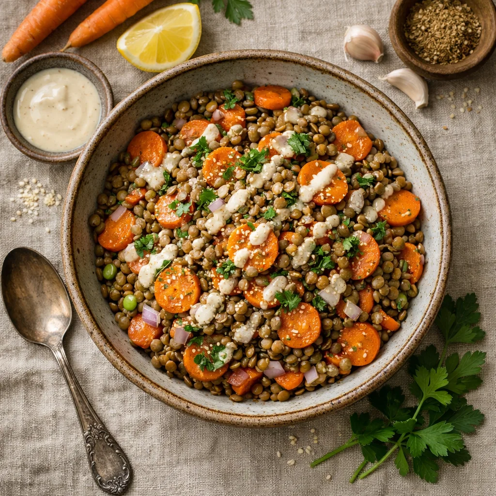 Kruidige Linzensalade met Wortel en Tahini-Dressing