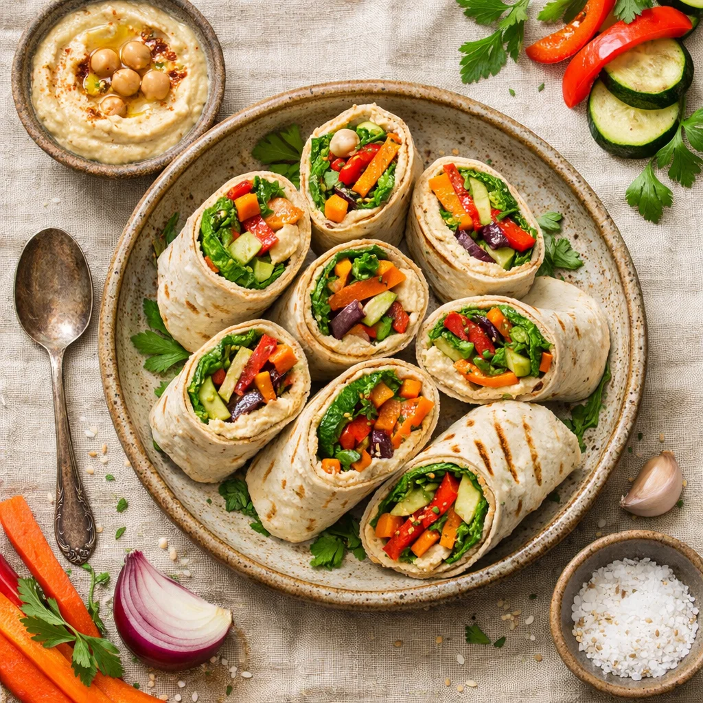 Gezonde Zelfgemaakte Hummus Wrap met Gegrilde Groenten