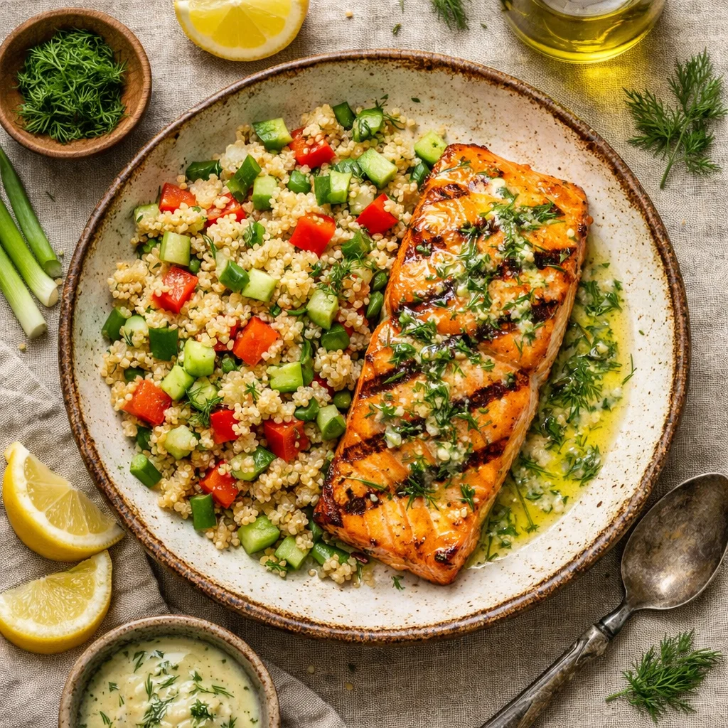 Gegrilde Zalm met Quinoasalade en Citroen-Dillesaus