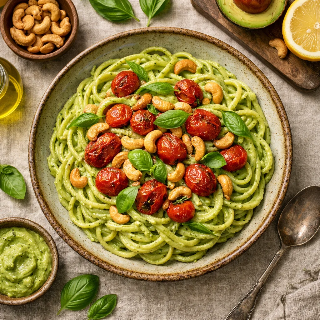 Romige Avocado Pasta met Geroosterde Cherrytomaten en Cashewnoten