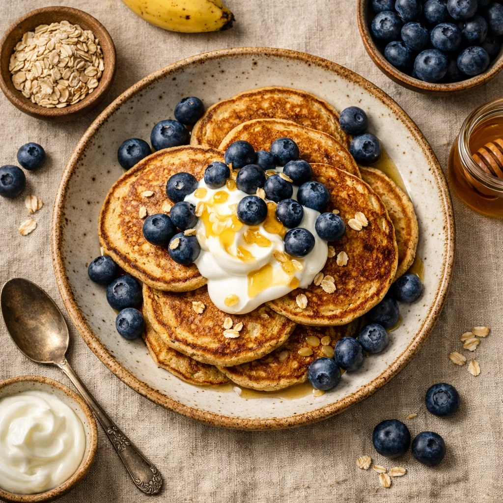 Gezonde Havermoutpannenkoeken met Blauwe Bessen en Griekse Yoghurt