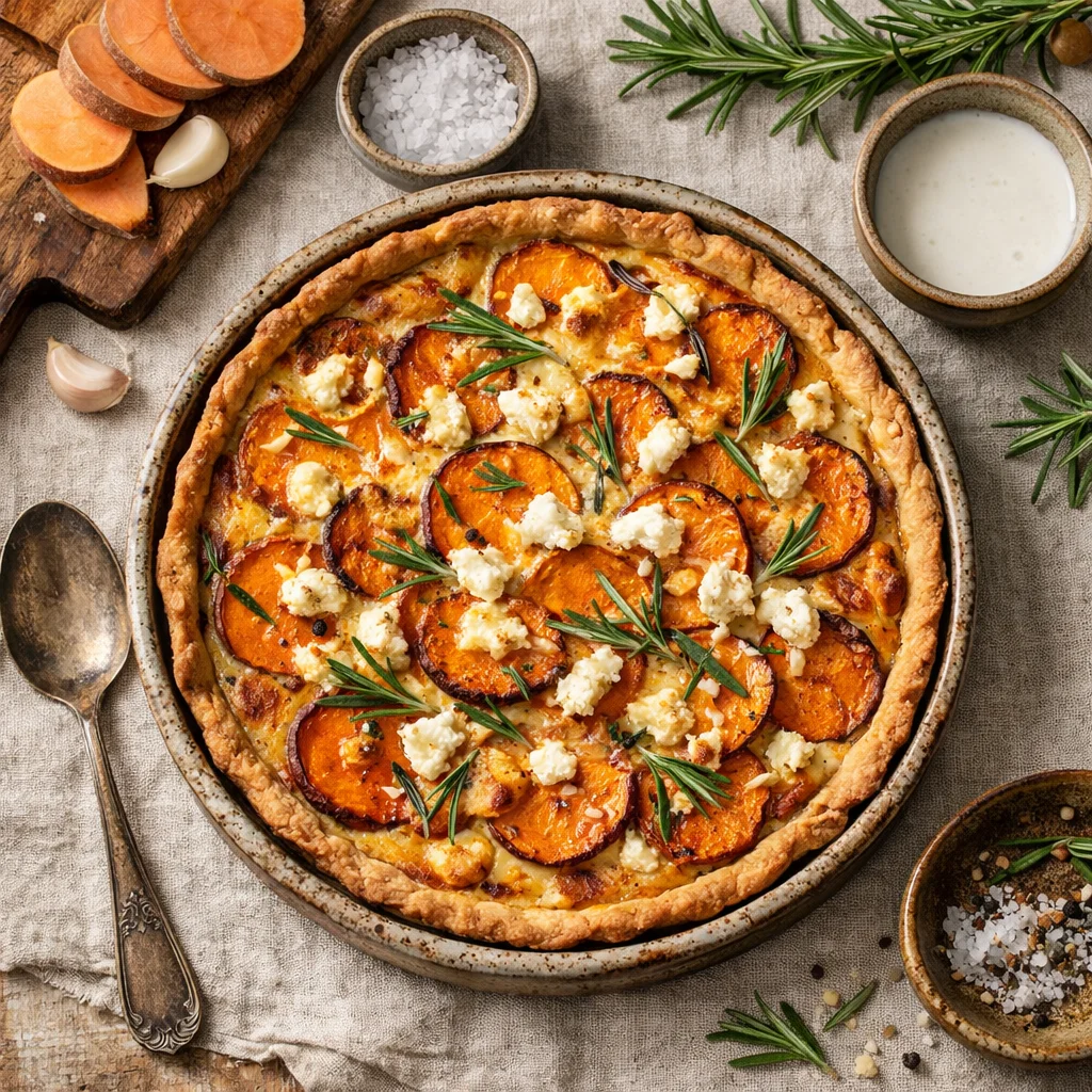 Verlockende Vega Quiche mit Süßen Kartoffeln und Ziegenkäse