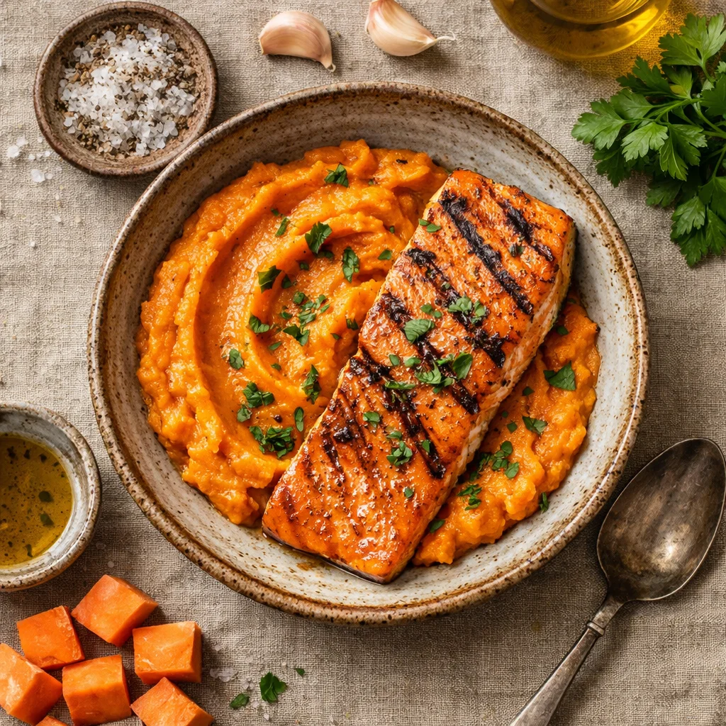 Nahrhafte Gegrillte Lachs mit Süßkartoffel Püree
