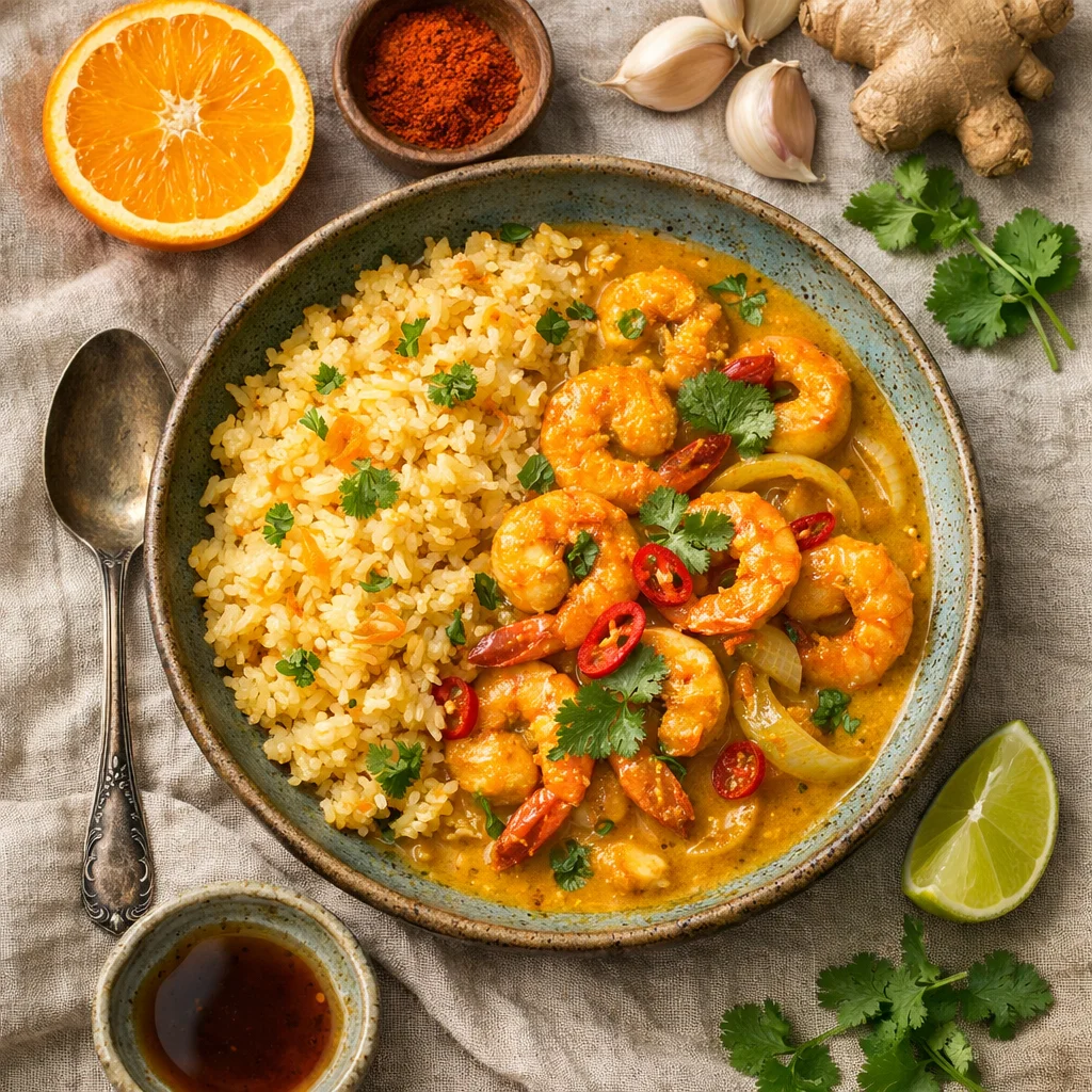 Especial do Chef: Curri de Camarão Oriental com Arroz de Laranja