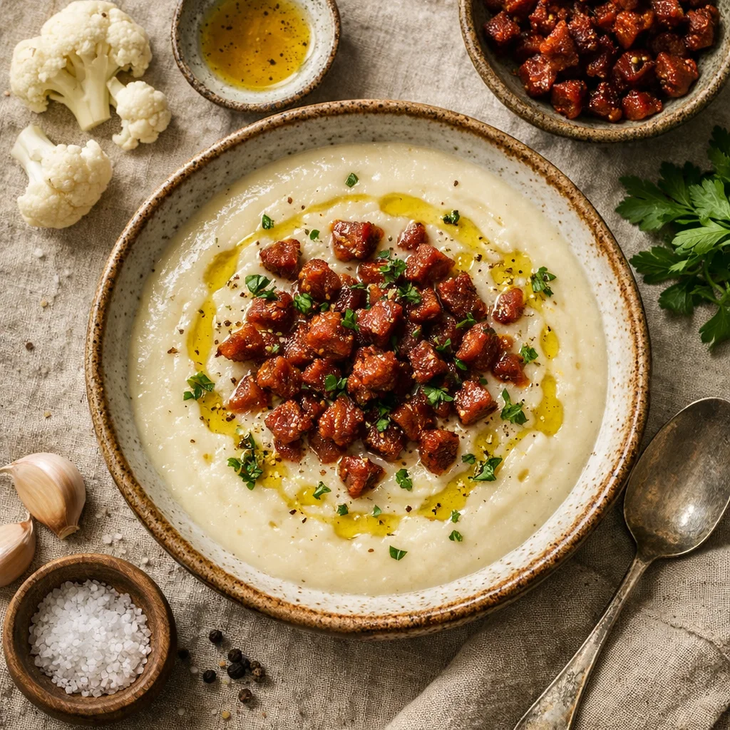 Cremige Blumenkohlsuppe mit Knuspriger Chorizo und Trüffelöl