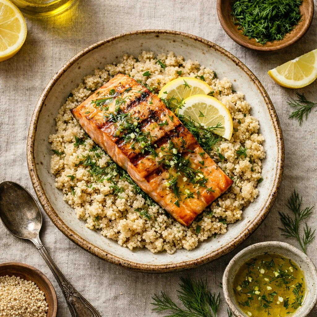 Gegrilde Zalm met Quinoa en Citroen-Dille Dressing