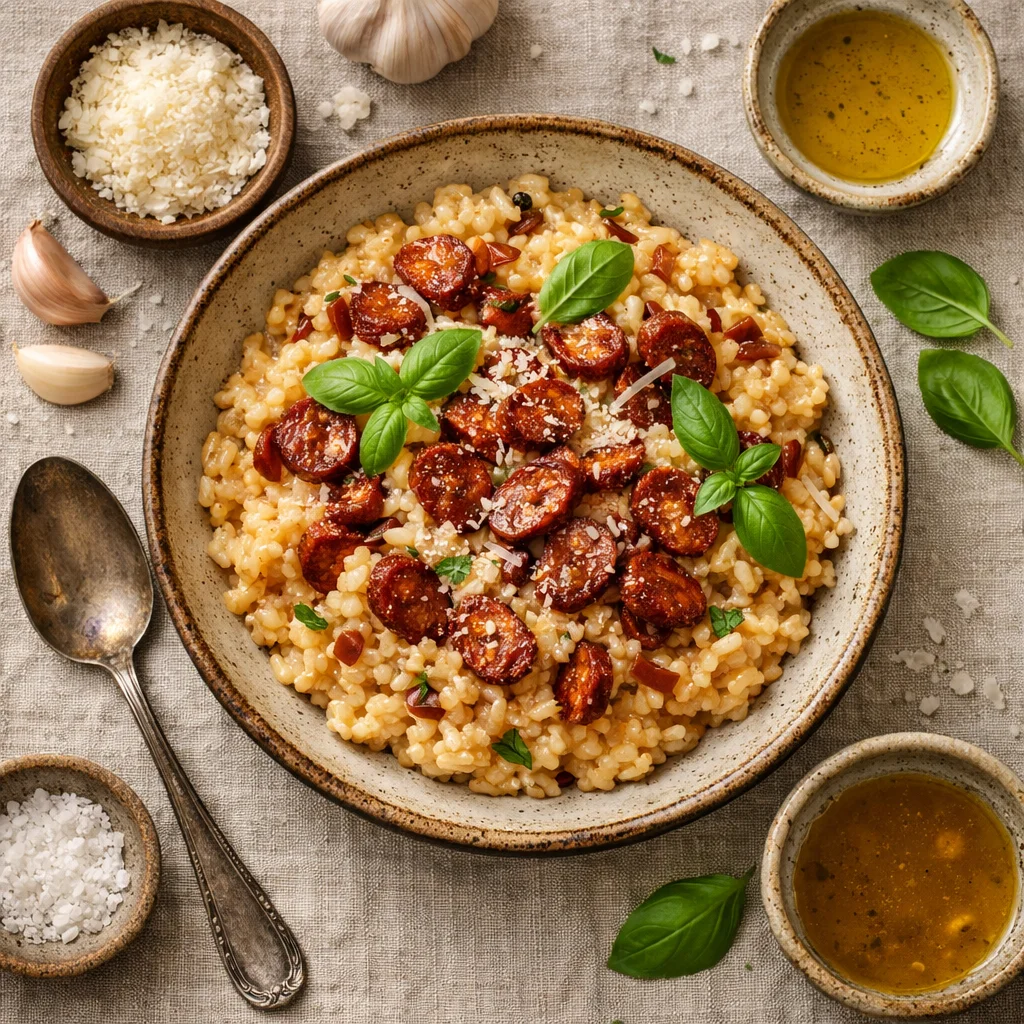 Romige Risotto met Chorizo en Verse Basilicum