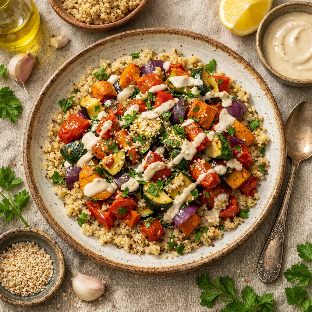 Knuspriger Quinoasalat mit Geroestetem Gemuese und Tahinidressing