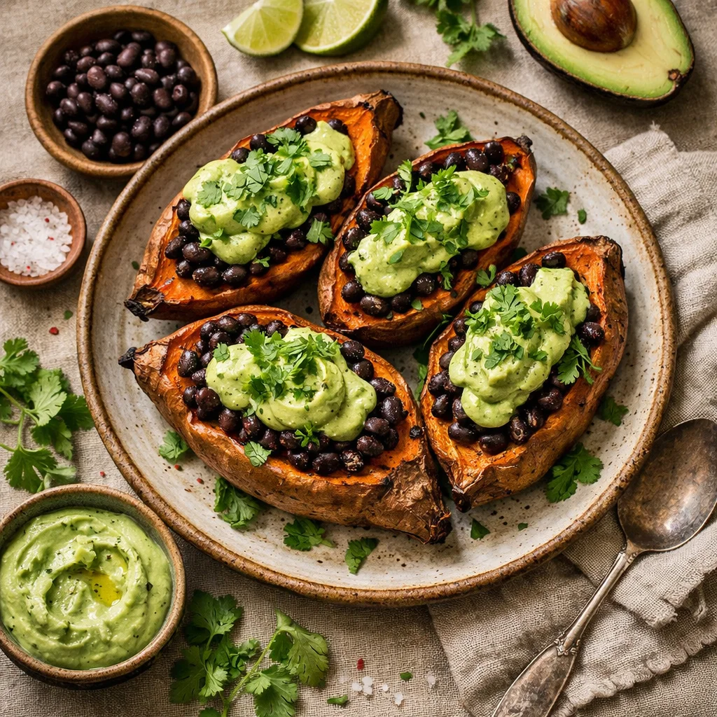 Geroosterde zoete aardappel met zwarte bonen en avocado crème