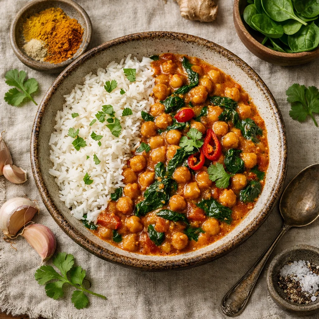 Knapperige Kikkererwtencurry met Basmatirijst