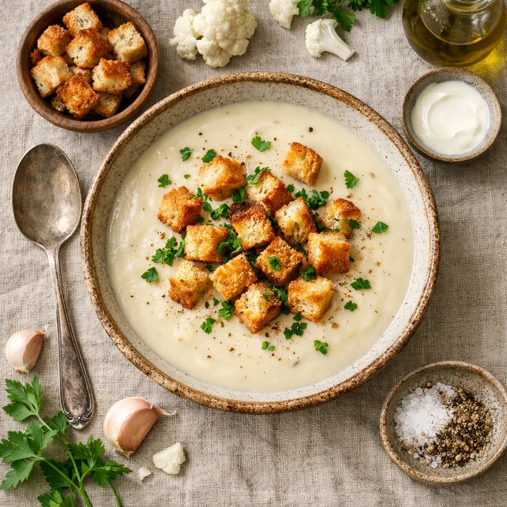 Romige Bloemkoolsoep met Knapperige Croutons