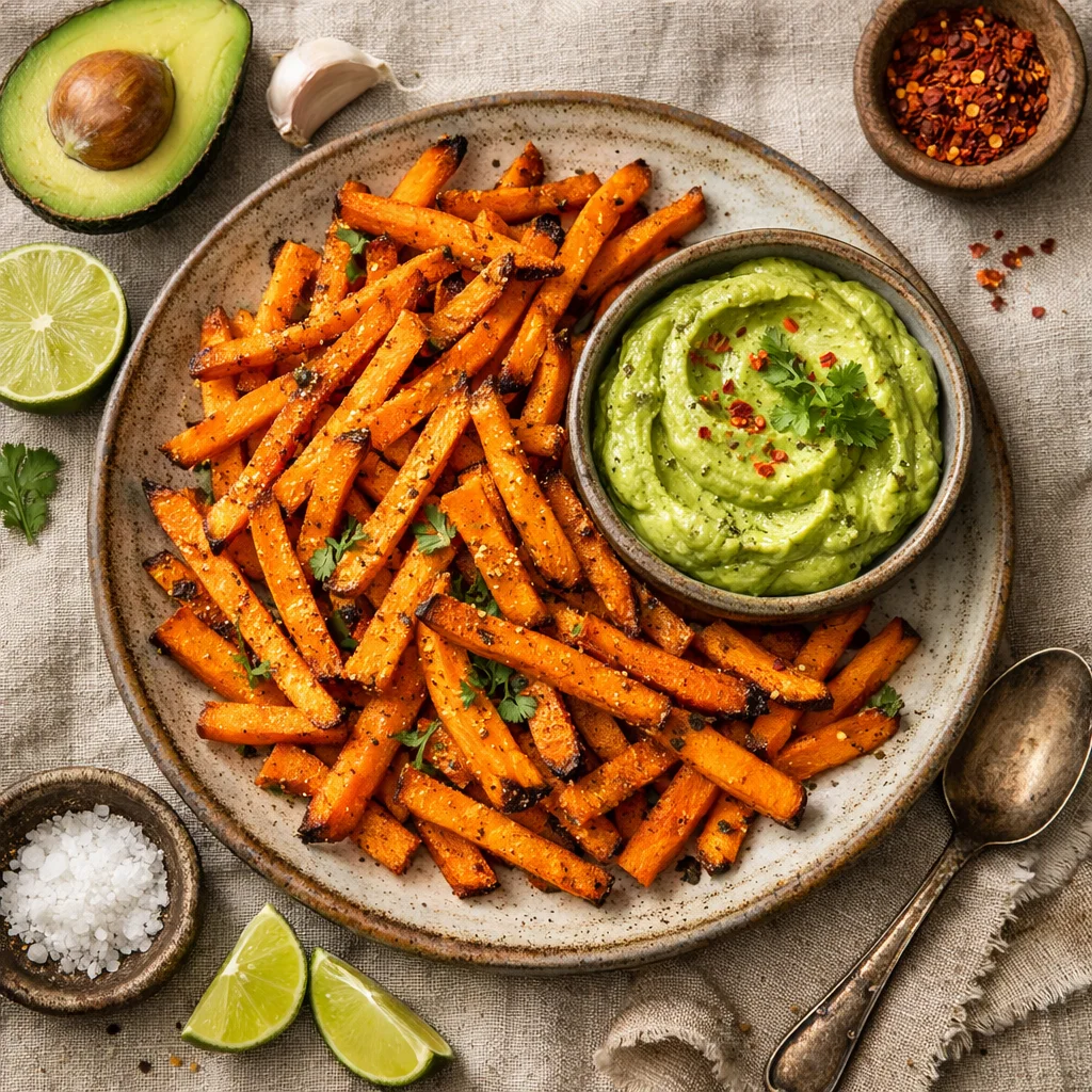 Zoete Aardappel Fries met Avocado Dip