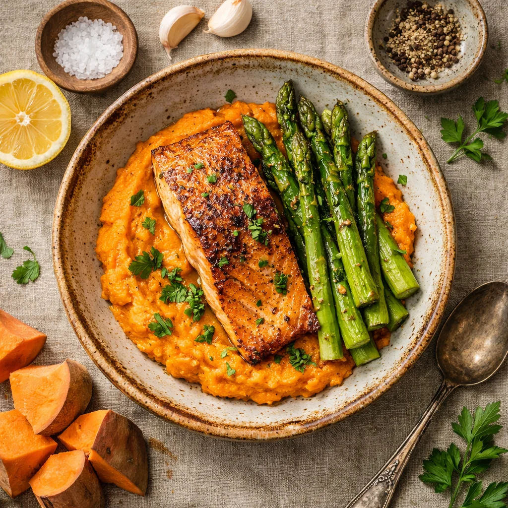 Krokante Zalm met Gegrilde Asperges en Zoete Aardappel Puree