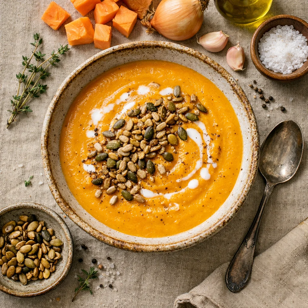 Romige Zoete Aardappelsoep met Geroosterde Pitten