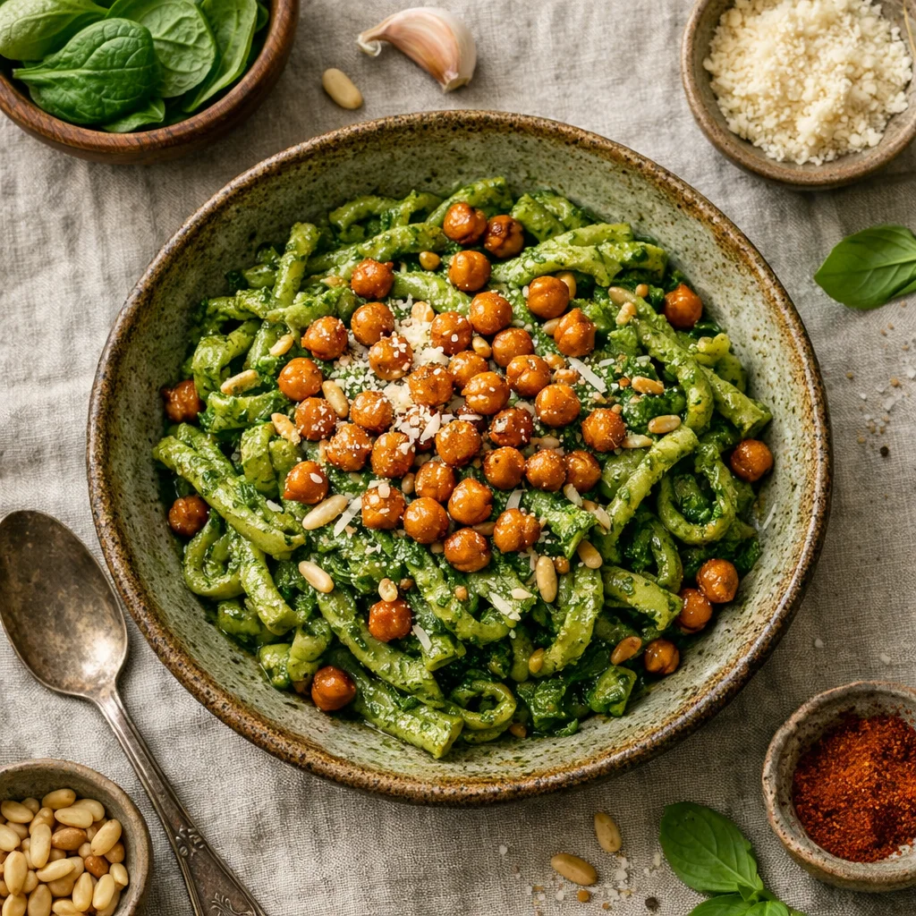 Espinafre Pesto Massa com Grão de Bico Torrado