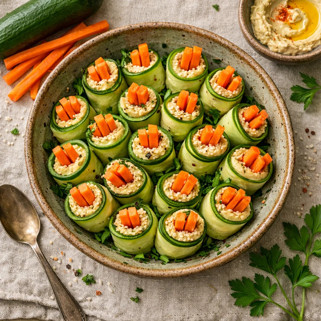 Frisse Komkommerrolletjes met Hummus en Wortel