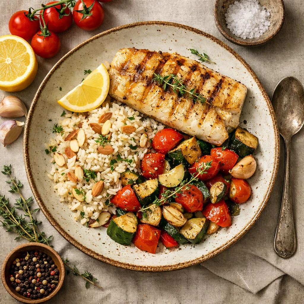 Chef's Special Gegrillter Heilbutt mit Knusprig Geröstetem Gemüse und Mandelreis
