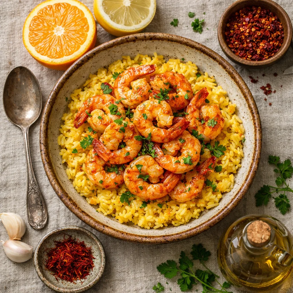 Especial do Chef: Camarões Cítricos Brilhantes com Arroz de Açafrão