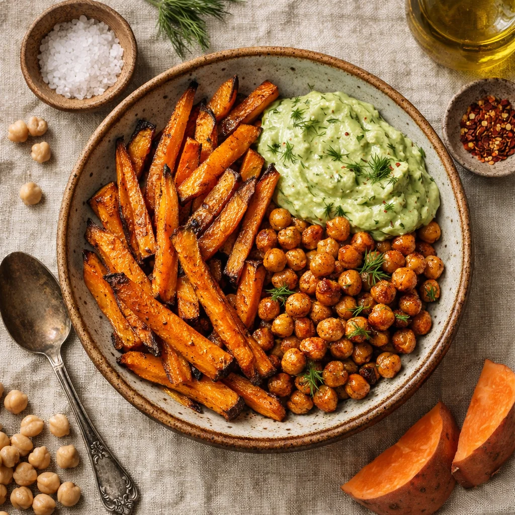 Batatas Doces Crocantes com Grão de Bico Picante e Molho de Abacate e Endro Cremoso