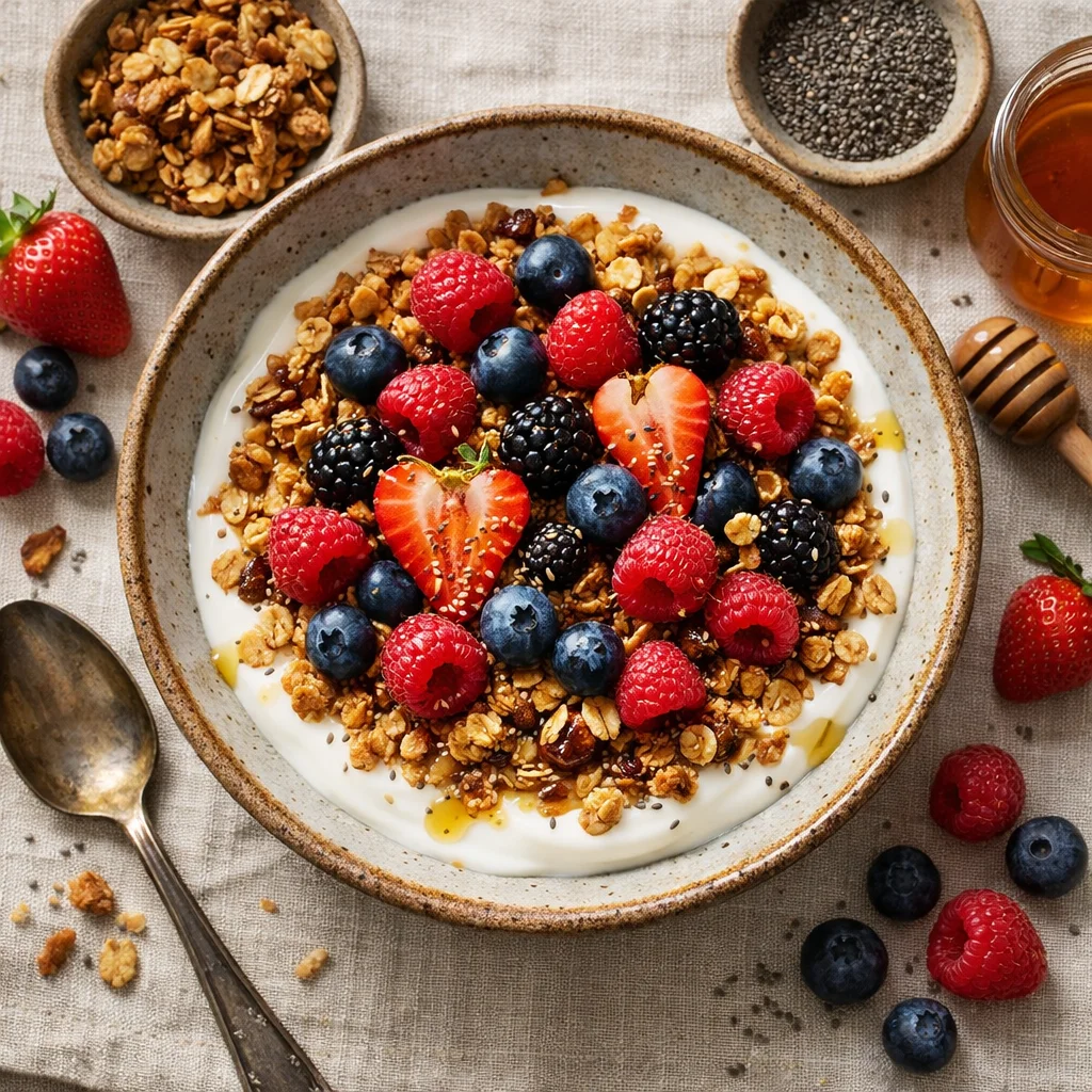 Fresca Tigela de Iogurte com Granola e Frutas Vermelhas