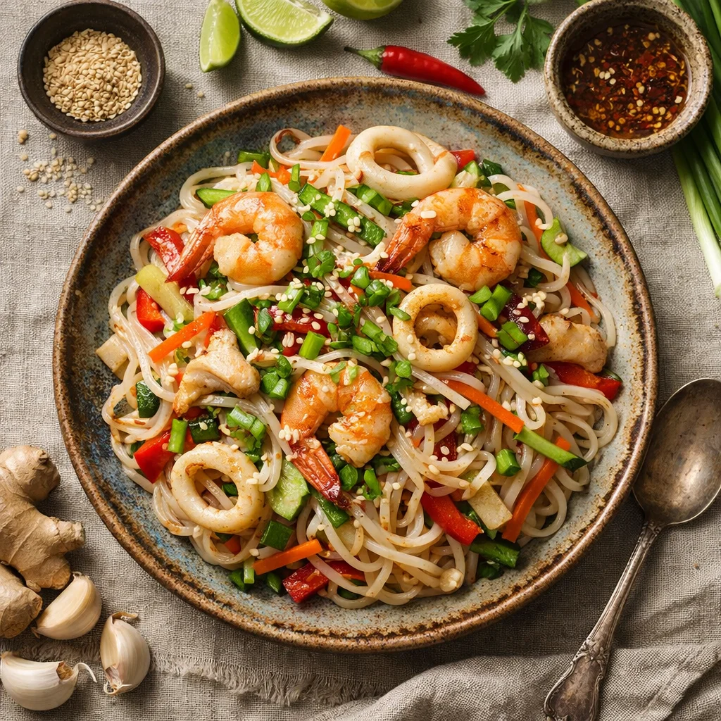 Especial do Chef: Salada de Noodles Asiática com Camarões e Frutos do Mar