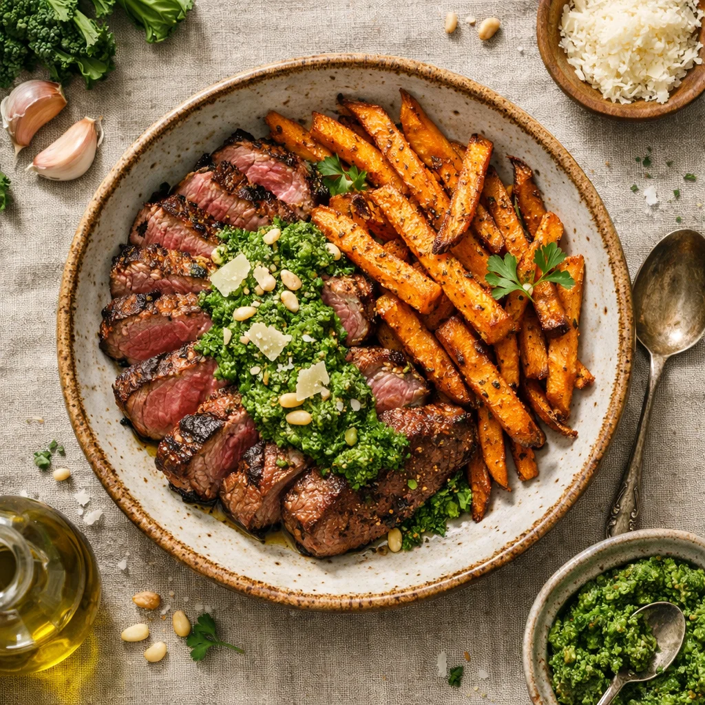 Chef's Special: Gegrilde Biefstuk met Zoete Aardappelfriet en Boerenkoolpesto