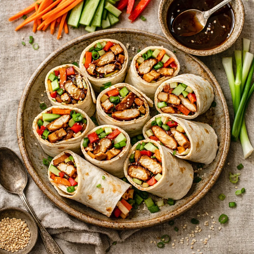 Wraps de Frango Asiático com legumes crocantes e molho Hoisin