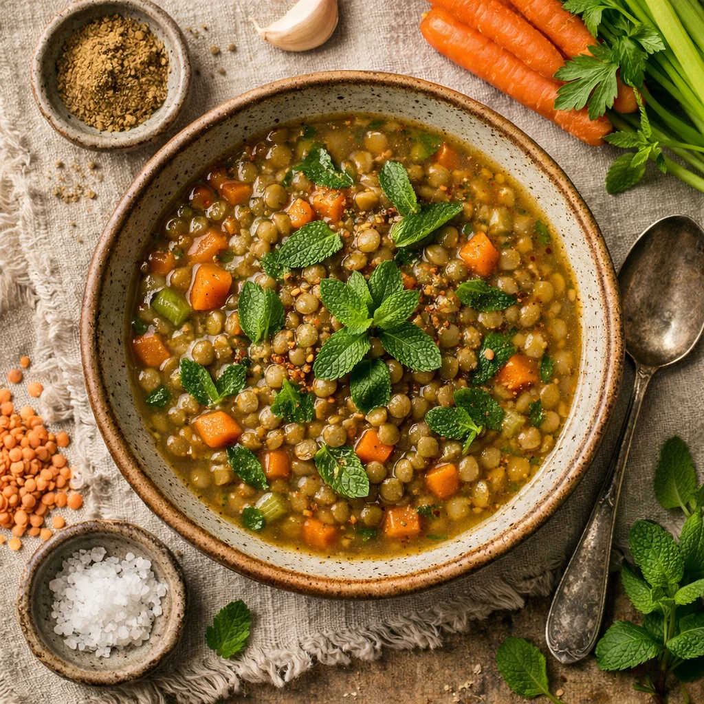 Gesunde Linsensuppe mit frischer Minze