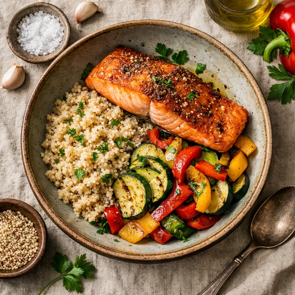 Krokante Zalm met Quinoa en Gegrilde Groenten