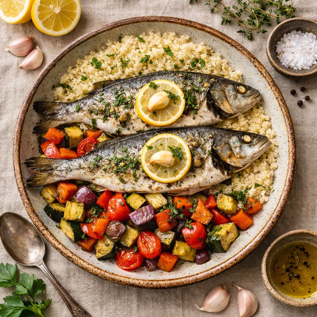 Verse vis uit de oven met geroosterde groenten en couscous