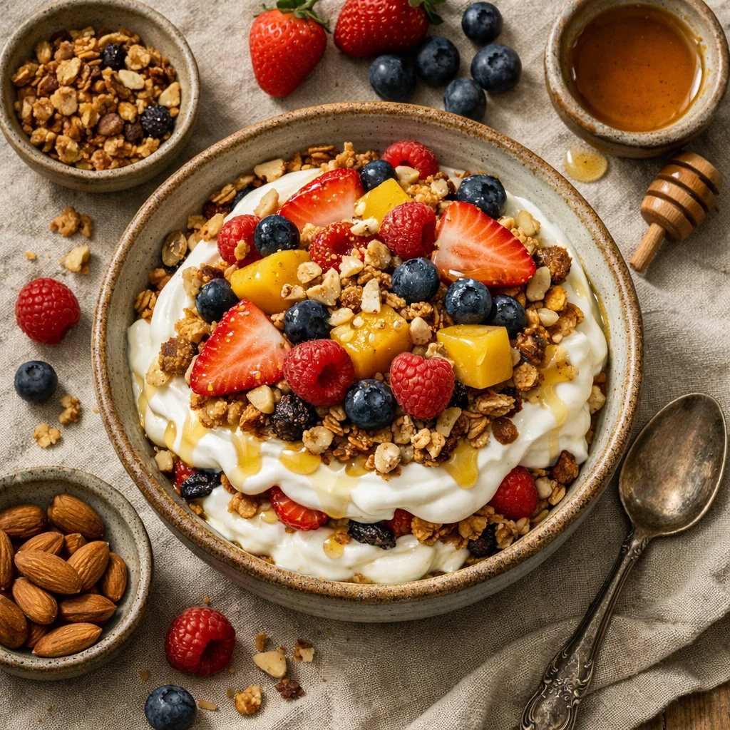 Gezonde Griekse Yoghurt Parfait met Granola en Vers Fruit